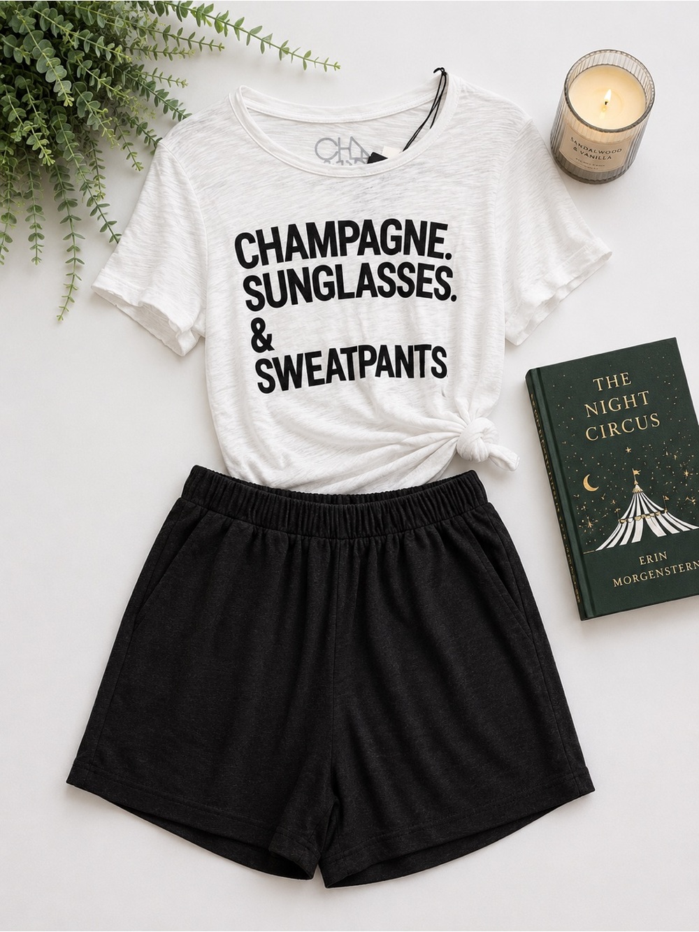 NWT Chaser Graphic Tee & Zenana Black Cotton Slub Shorts Size Medium